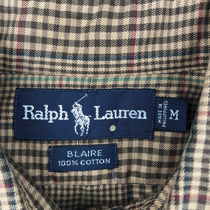 Ralph Lauren BLAIRE Gun Club Check Long-Sleeve Button-Down Check Shirt, Men's Size M (approx.) cotton beige type brown Vintage Second Hand