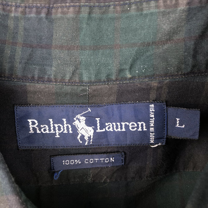 Ralph Lauren long sleeve button down check shirt, men's size L cotton dark green Vintage Second Hand