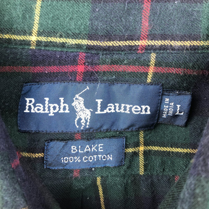 Ralph Lauren long sleeve button down check shirt, men's size L cotton Green type dark green Vintage Second Hand
