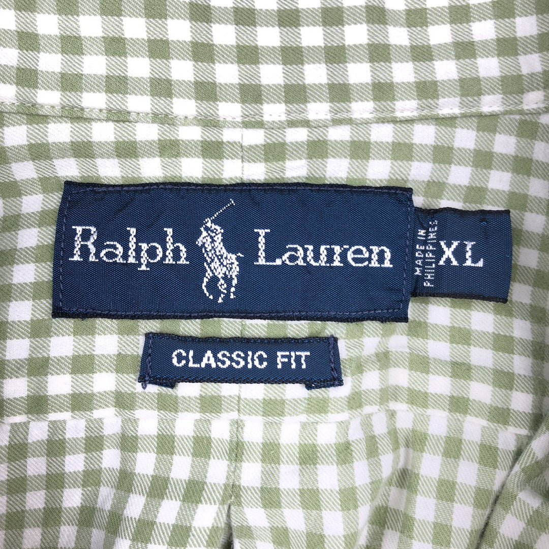 Ralph Lauren Classic Fit Gingham Check Long Sleeve Button-Down Check Shirt, Men's Size XL cotton Khaki type sage green Vintage Second Hand
