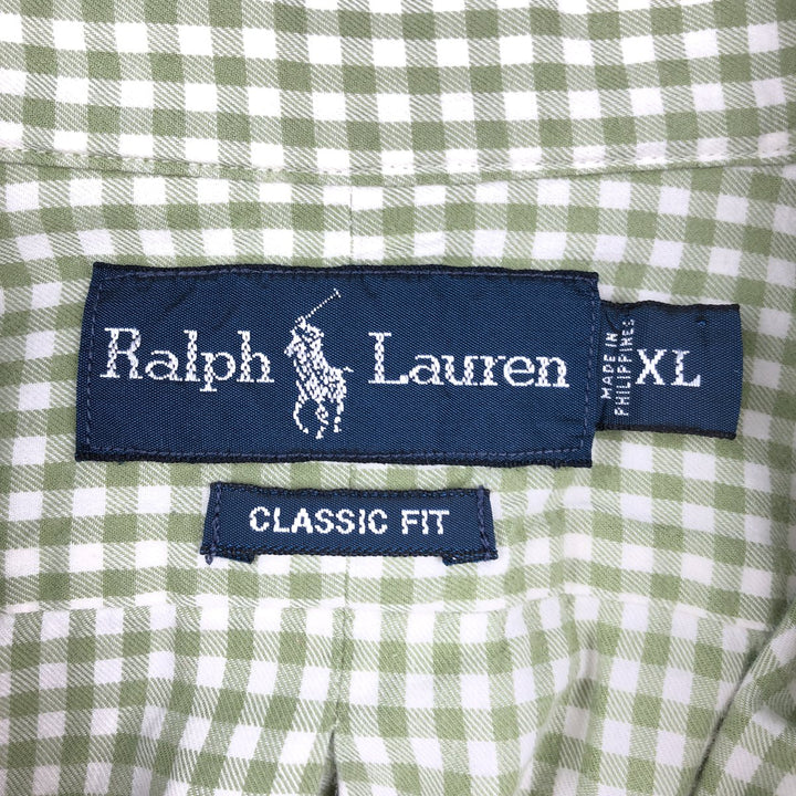 Ralph Lauren Classic Fit Gingham Check Long Sleeve Button-Down Check Shirt, Men's Size XL cotton Khaki type sage green Vintage Second Hand