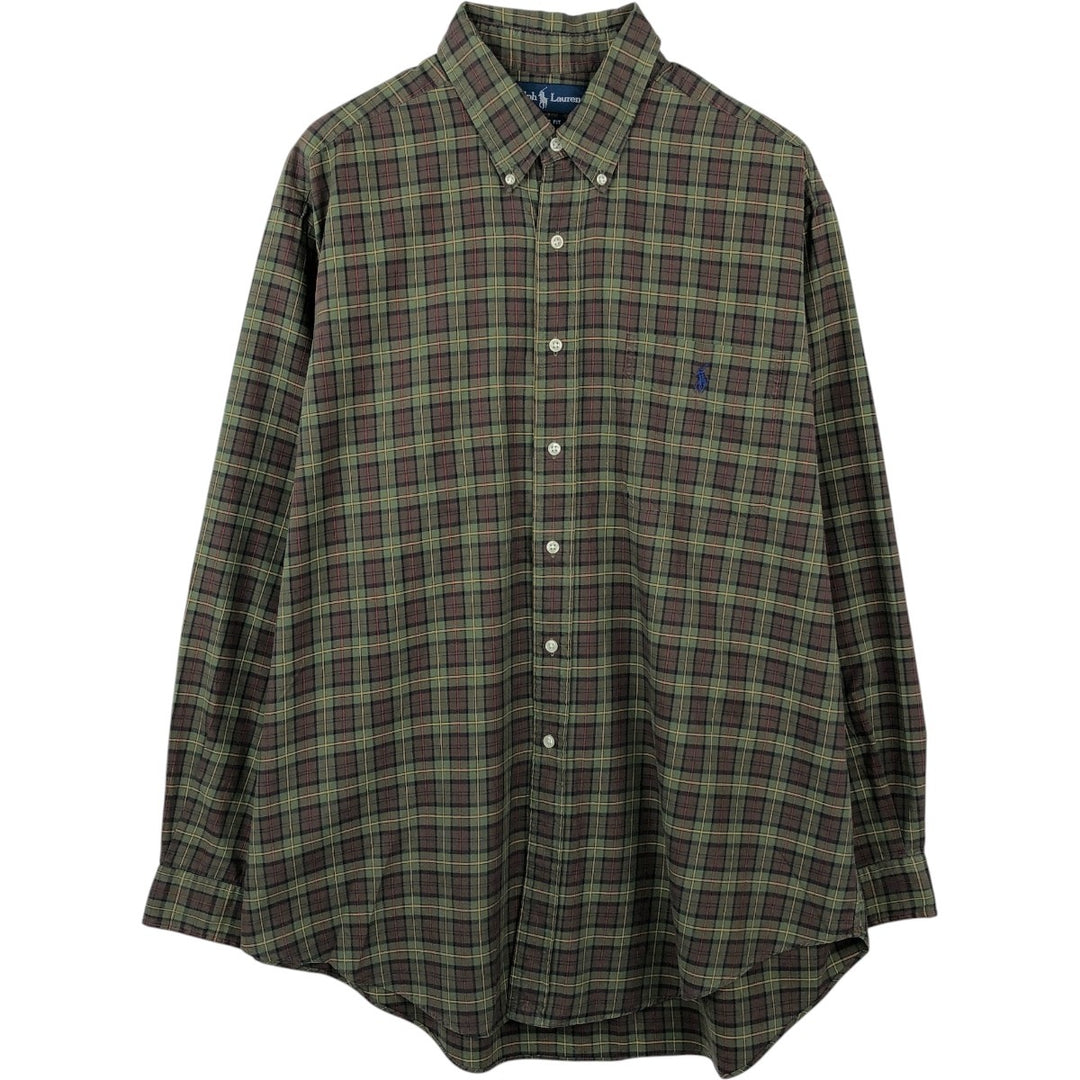 Ralph Lauren CLASSIC FIT long-sleeve button-down check shirt, made in India, men's size XL equivalent. cotton Khaki type sage green Vintage Second Hand