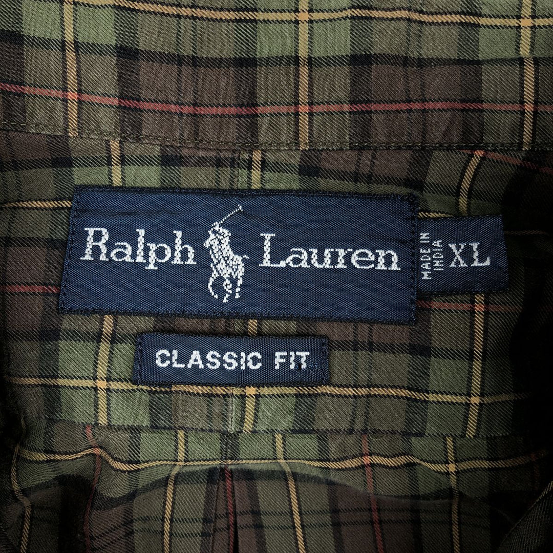 Ralph Lauren CLASSIC FIT long-sleeve button-down check shirt, made in India, men's size XL equivalent. cotton Khaki type sage green Vintage Second Hand