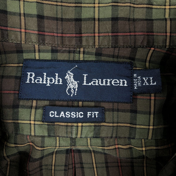 Ralph Lauren CLASSIC FIT long-sleeve button-down check shirt, made in India, men's size XL equivalent. cotton Khaki type sage green Vintage Second Hand