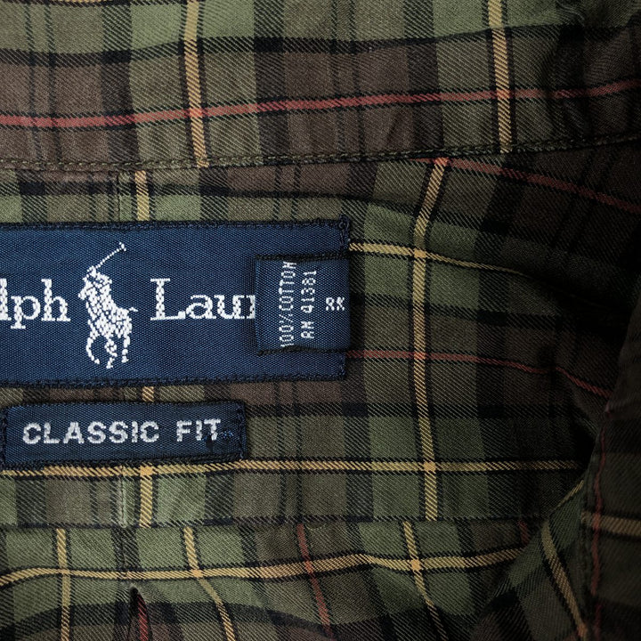 Ralph Lauren CLASSIC FIT long-sleeve button-down check shirt, made in India, men's size XL equivalent. cotton Khaki type sage green Vintage Second Hand