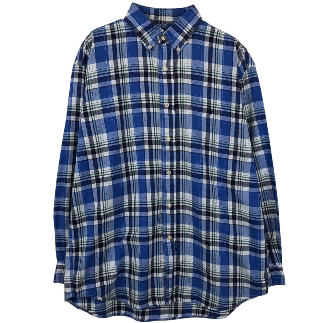 Ralph Lauren long sleeve button down check shirt, men's size M cotton blue type Vintage Second Hand