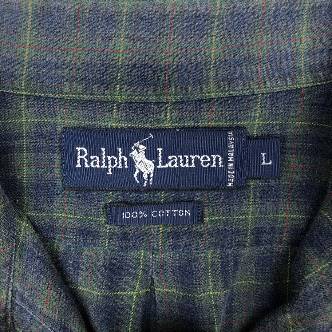 Ralph Lauren long sleeve button down check shirt, men's size L cotton navy blue type Vintage Second Hand