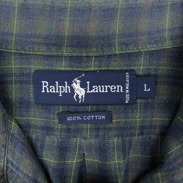Ralph Lauren long sleeve button down check shirt, men's size L cotton navy blue type Vintage Second Hand
