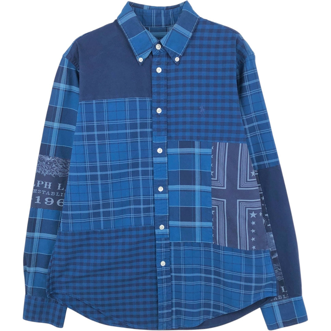 Ralph Lauren RALPH LAUREN all-over check pattern patchwork short-sleeved button-down shirt, men's size M equivalent. cotton blue type Vintage Second Hand