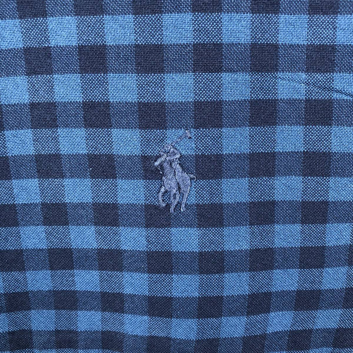 Ralph Lauren RALPH LAUREN all-over check pattern patchwork short-sleeved button-down shirt, men's size M equivalent. cotton blue type Vintage Second Hand