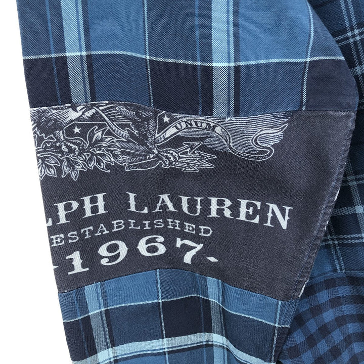 Ralph Lauren RALPH LAUREN all-over check pattern patchwork short-sleeved button-down shirt, men's size M equivalent. cotton blue type Vintage Second Hand