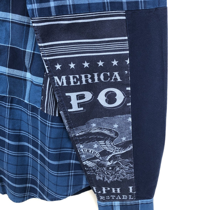 Ralph Lauren RALPH LAUREN all-over check pattern patchwork short-sleeved button-down shirt, men's size M equivalent. cotton blue type Vintage Second Hand