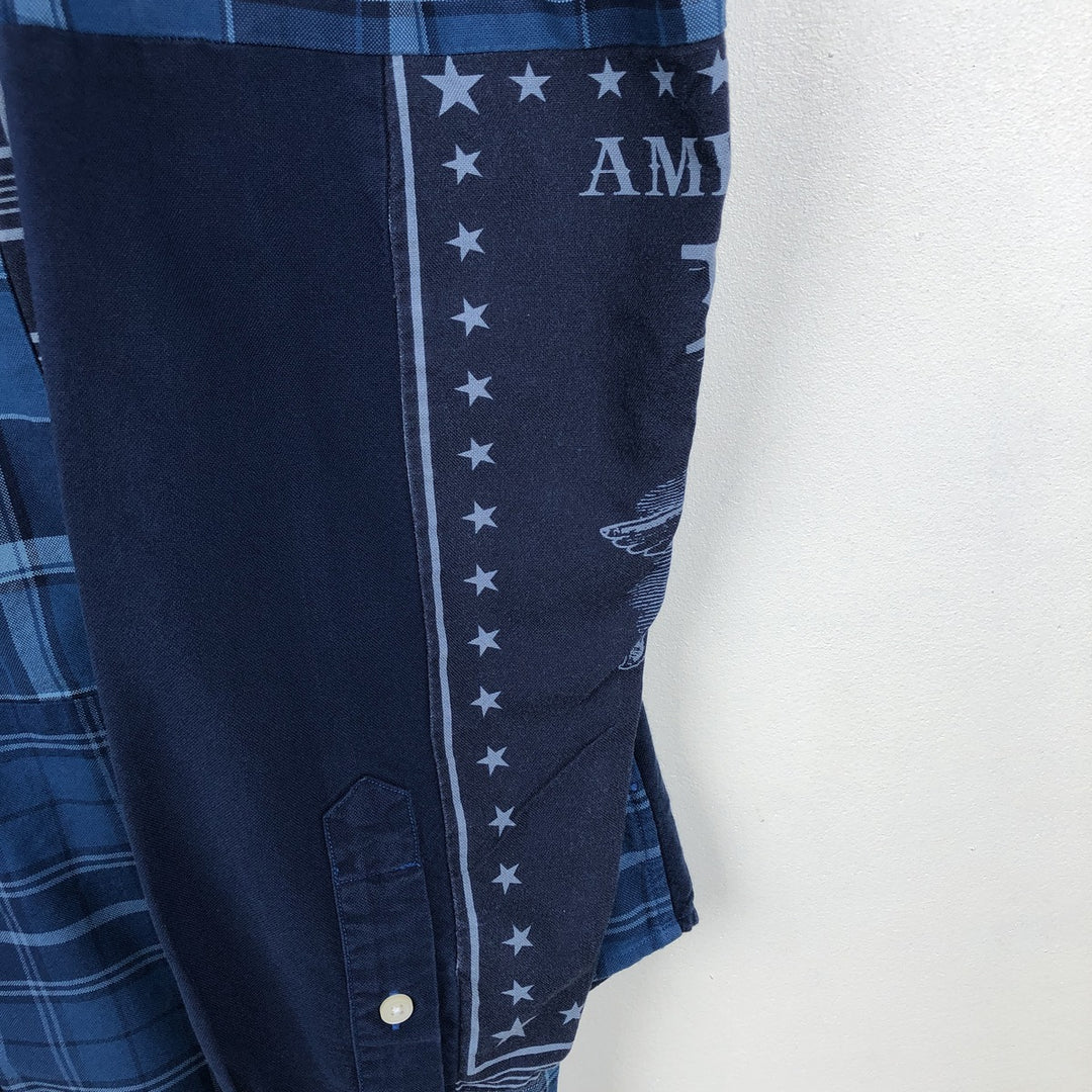 Ralph Lauren RALPH LAUREN all-over check pattern patchwork short-sleeved button-down shirt, men's size M equivalent. cotton blue type Vintage Second Hand