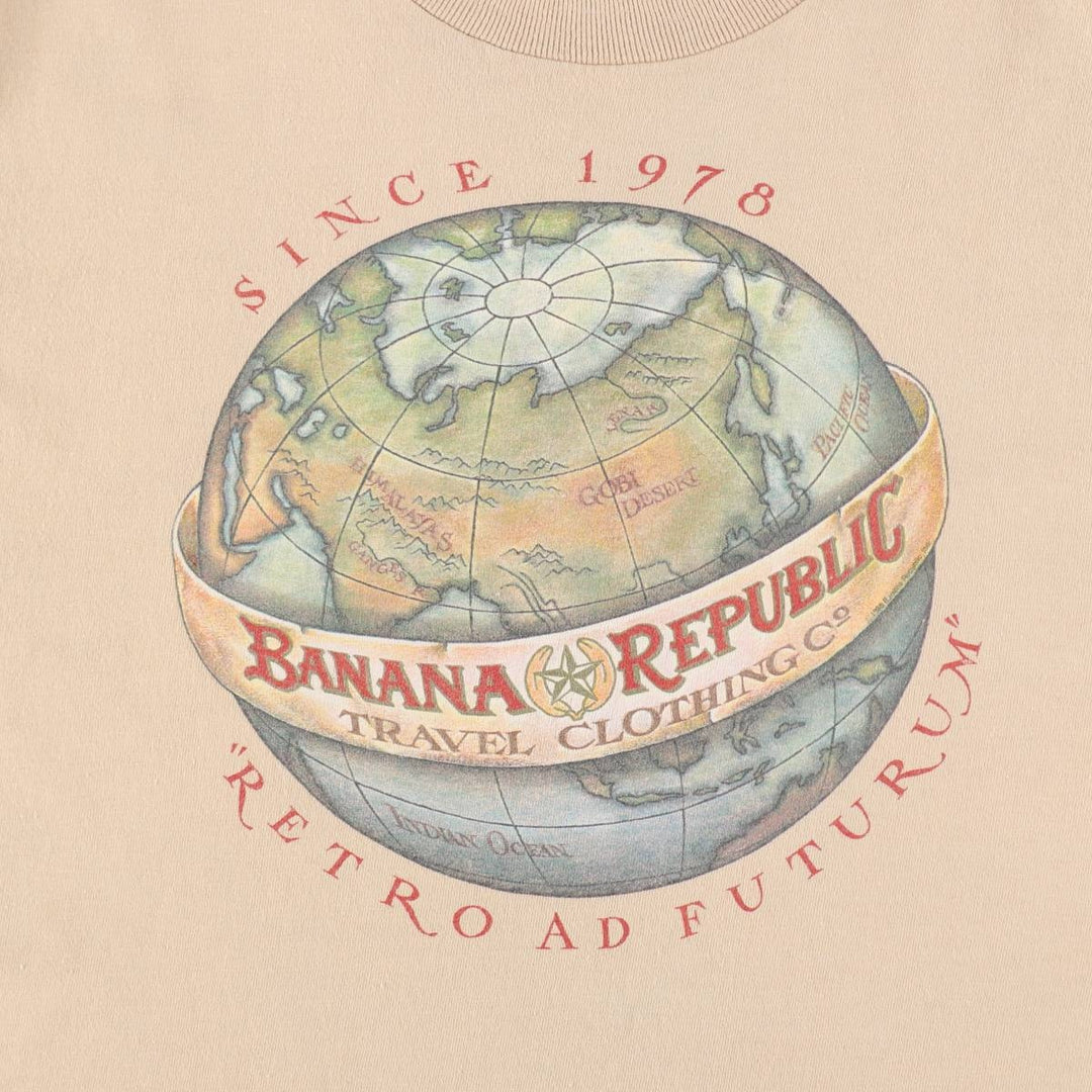 80'S Banana Republic Short-Sleeve Printed T-Shirt, Made in USA, Men's Size L (Equivalent), Vintage cotton beige type brown Vintage Second Hand