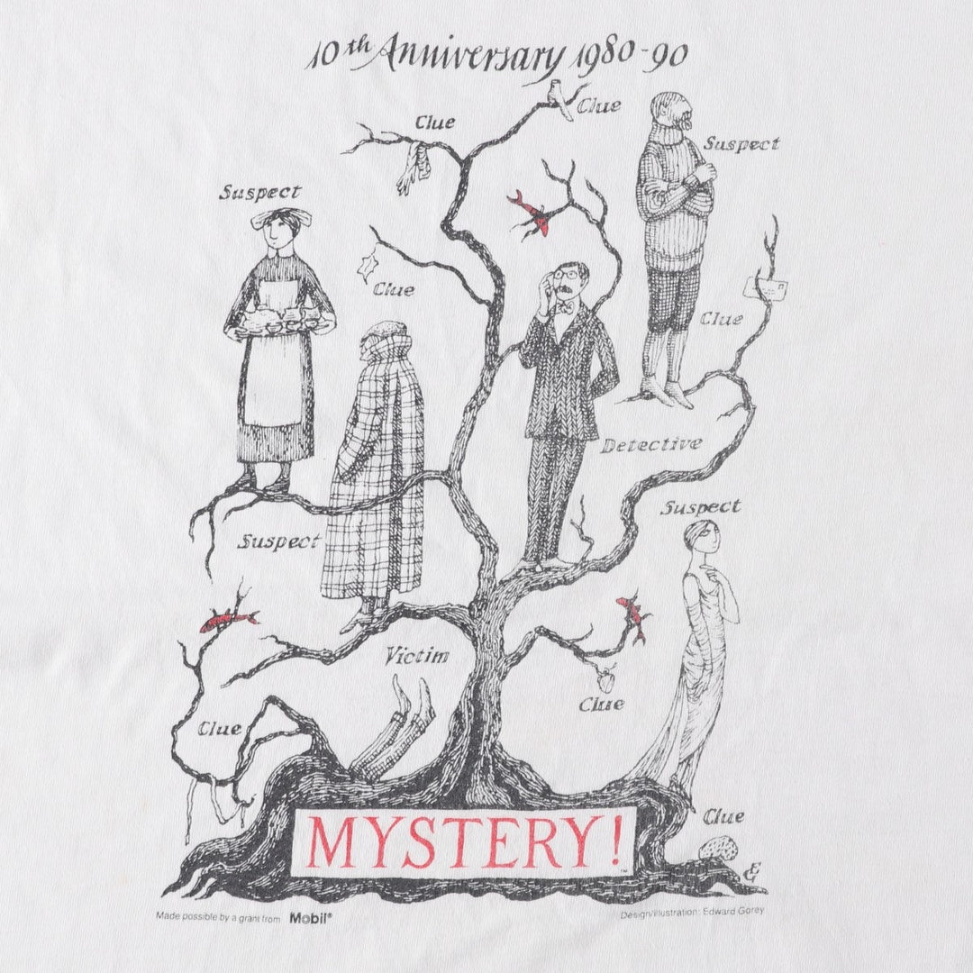 90'S Fruit of the Loom Edward Gorey Art T-shirt, Made in USA, Men's Size L (approx.), Vintage cotton white type Vintage Second Hand