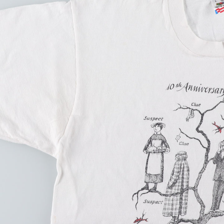 90'S Fruit of the Loom Edward Gorey Art T-shirt, Made in USA, Men's Size L (approx.), Vintage cotton white type Vintage Second Hand