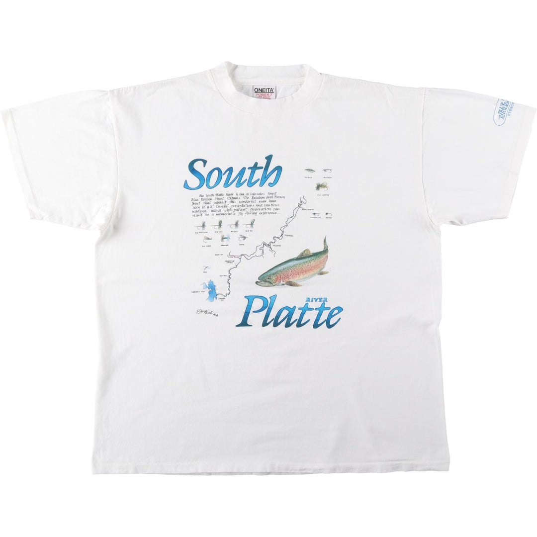 90'S ONEITA POWER-T Fish Print Advertising T-Shirt, Made in USA, Men's XL Equivalent, Vintage cotton white type Vintage Second Hand