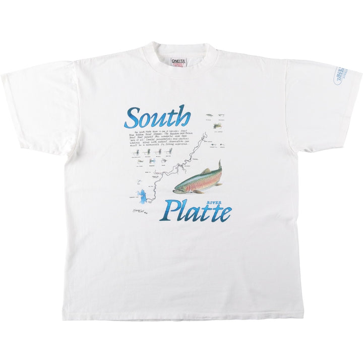 90'S ONEITA POWER-T Fish Print Advertising T-Shirt, Made in USA, Men's XL Equivalent, Vintage cotton white type Vintage Second Hand
