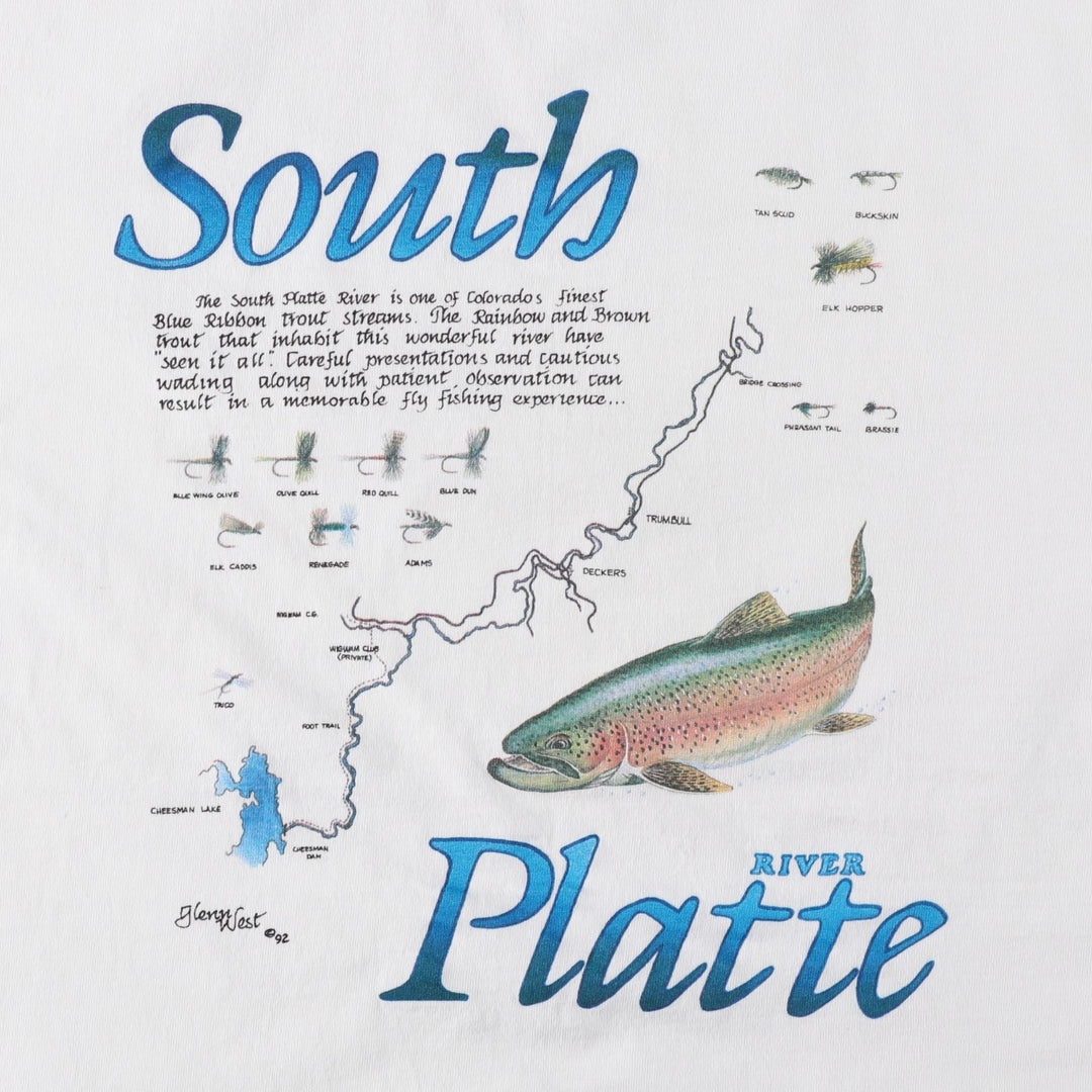 90'S ONEITA POWER-T Fish Print Advertising T-Shirt, Made in USA, Men's XL Equivalent, Vintage cotton white type Vintage Second Hand