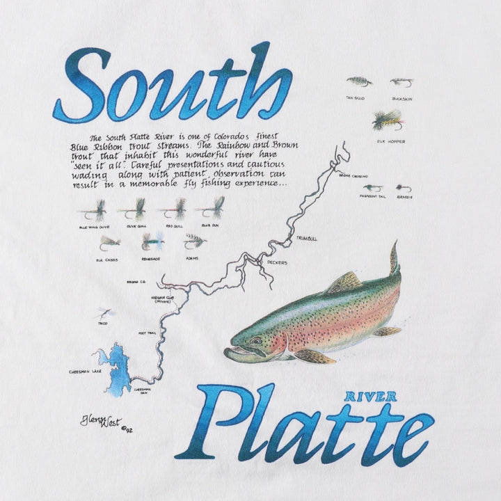 90'S ONEITA POWER-T Fish Print Advertising T-Shirt, Made in USA, Men's XL Equivalent, Vintage cotton white type Vintage Second Hand