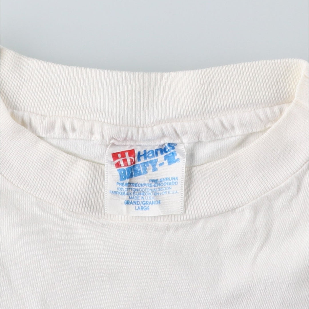 90'S Hanes BEEFY-T Printed T-shirt, Made in USA, Men's L size, Vintage cotton white type Vintage Second Hand