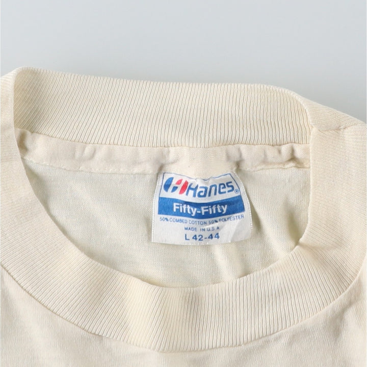80'S Hanes Fifty-Fifty Blue Tag Printed T-Shirt Made in USA Men's L Size Vintage cotton unbleached Vintage Second Hand