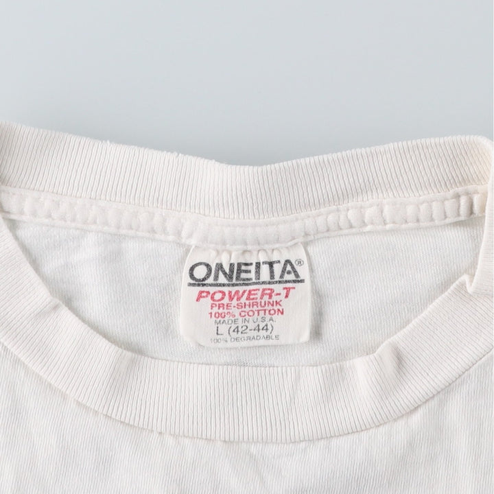 90'S ONEITA Printed T-shirt Made in USA Men's L size Vintage cotton white type Vintage Second Hand