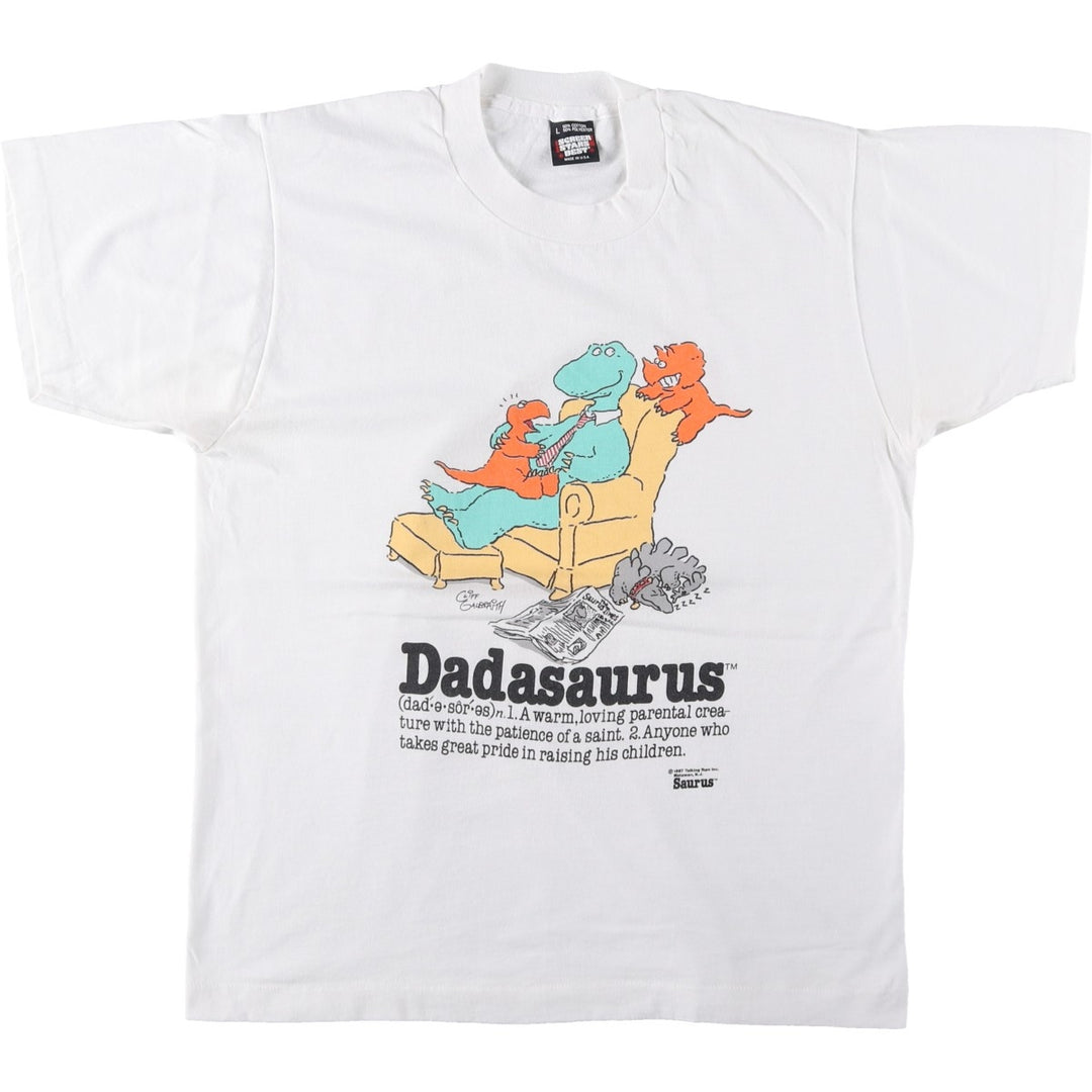 80'S Screen Stars DADASAURUS Character Print T-Shirt, Made in USA, Men's Size L (approx.), Vintage cotton white type Vintage Second Hand