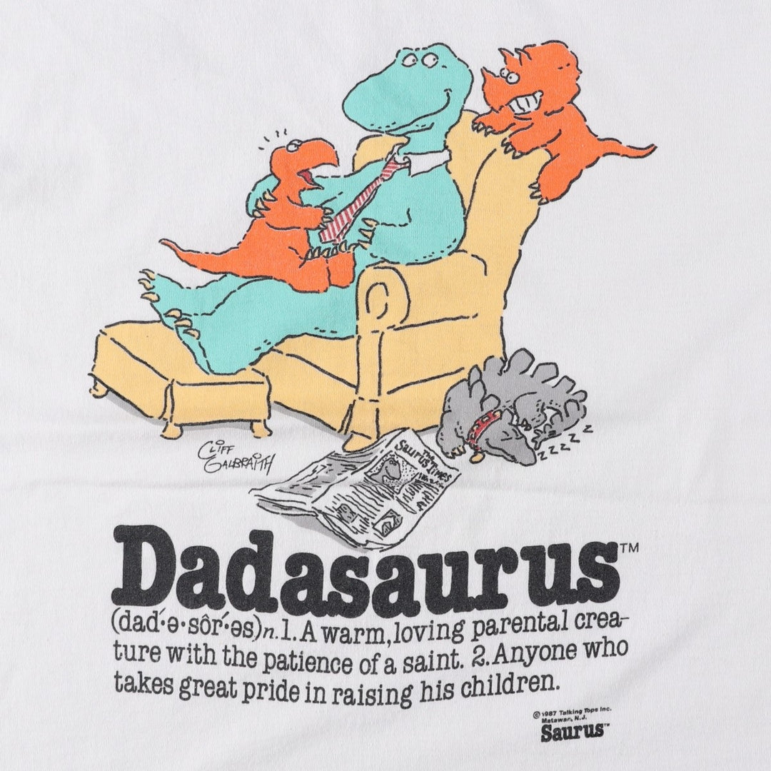 80'S Screen Stars DADASAURUS Character Print T-Shirt, Made in USA, Men's Size L (approx.), Vintage cotton white type Vintage Second Hand
