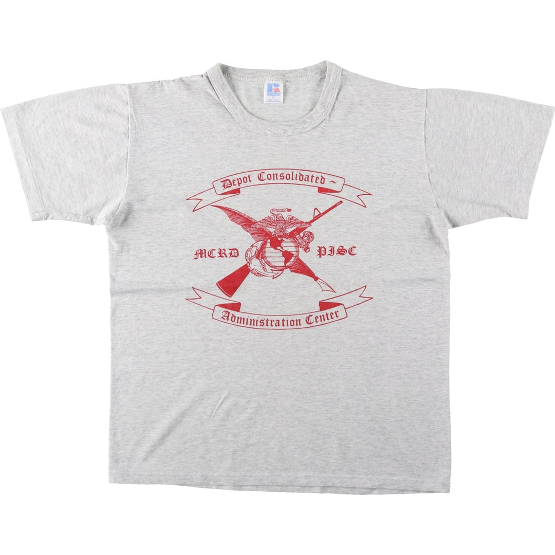 90'S Russell USMC (United States Marine Corps) Triple Print Military Print T-Shirt, Made in USA, Men's Size M (Equivalent), Vintage polyester gray type Vintage Second Hand