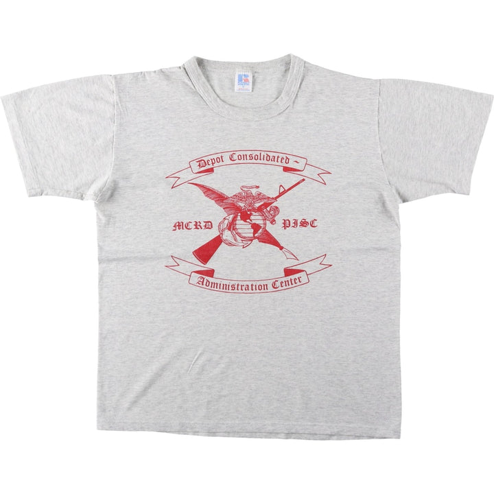 90'S Russell USMC (United States Marine Corps) Triple Print Military Print T-Shirt, Made in USA, Men's Size M (Equivalent), Vintage polyester gray type Vintage Second Hand