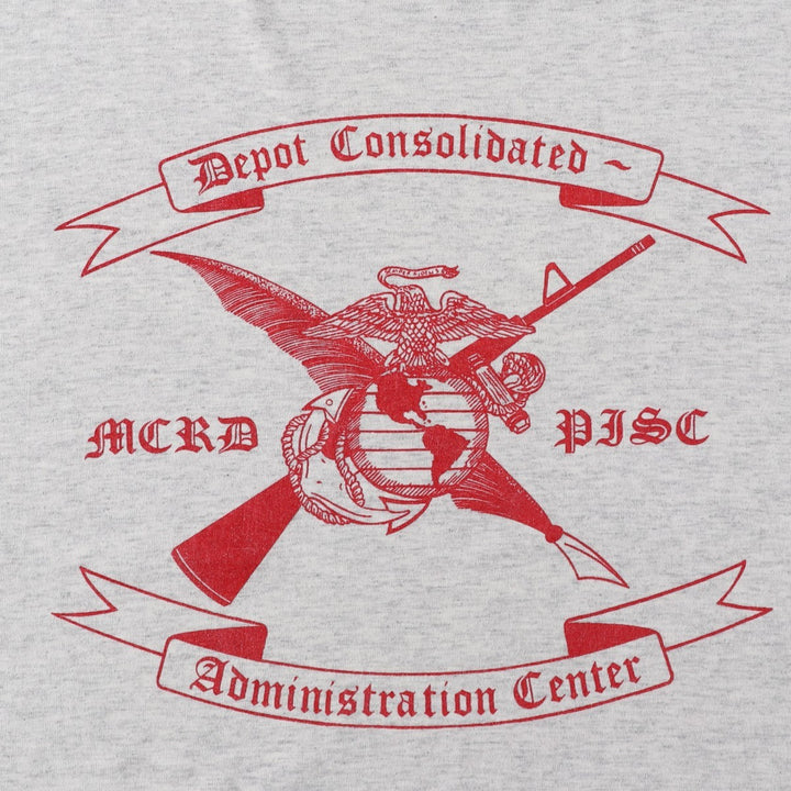 90'S Russell USMC (United States Marine Corps) Triple Print Military Print T-Shirt, Made in USA, Men's Size M (Equivalent), Vintage polyester gray type Vintage Second Hand