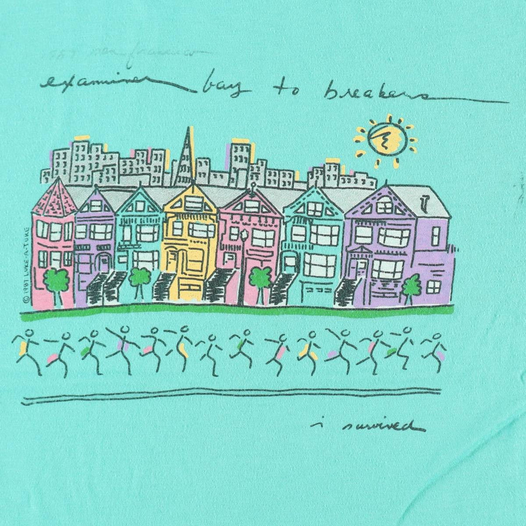 80'S Bay to Breakers 76th Edition Bay to Breakers Advertising T-Shirt, Made in USA, Men's Size L (Equivalent), Vintage cotton Emerald green Vintage Second Hand
