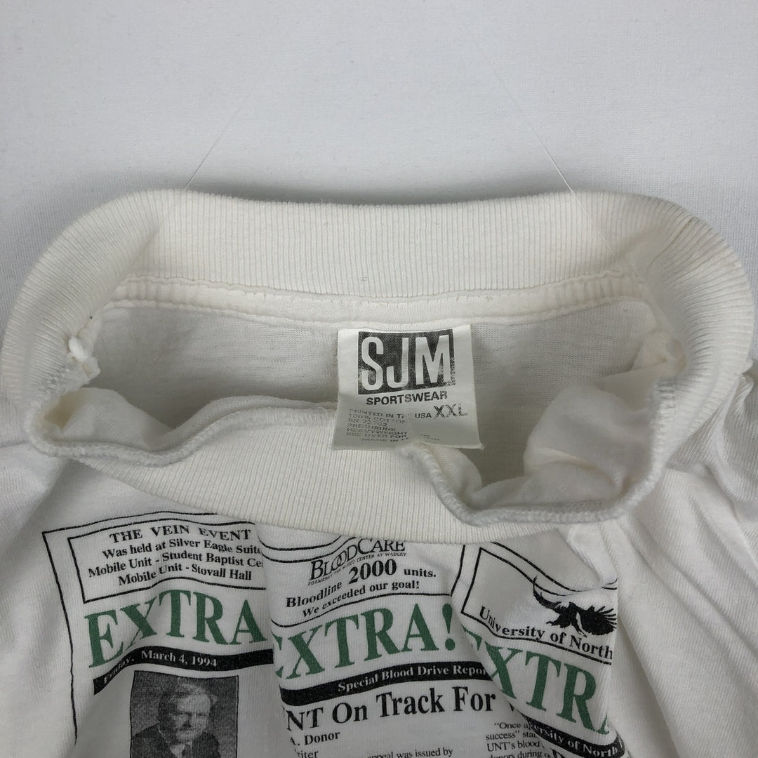 90'S SJM Print T-Shirt, Made in USA, Men's XXL equivalent, Vintage cotton white type Vintage Second Hand