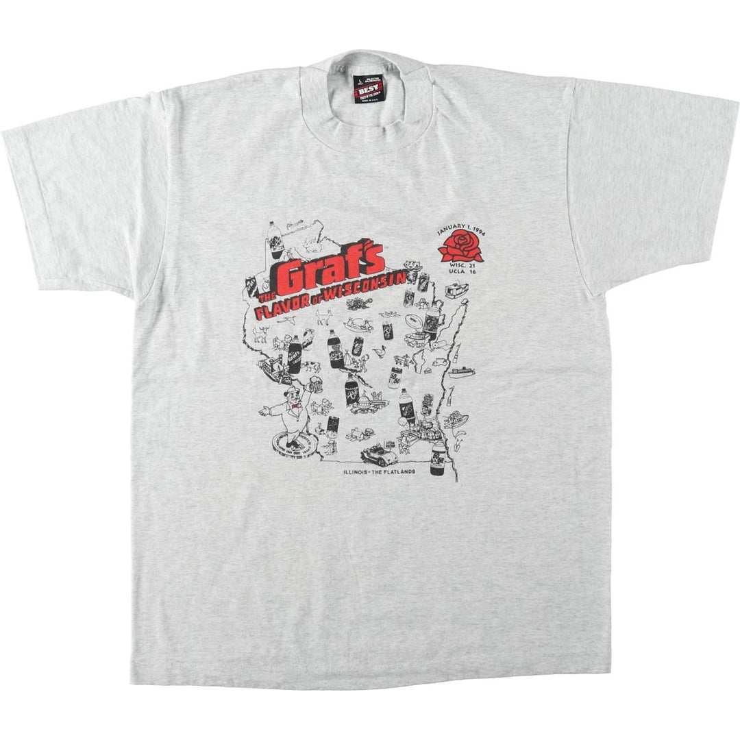 90'S Fruit of the Loom University of Wisconsin Rose Bowl College Advertising Print T-Shirt, Made in USA cotton gray type Vintage Second Hand