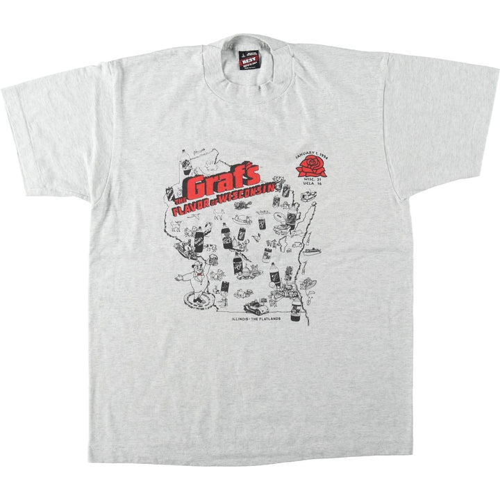 90'S Fruit of the Loom University of Wisconsin Rose Bowl College Advertising Print T-Shirt, Made in USA cotton gray type Vintage Second Hand
