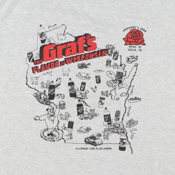90'S Fruit of the Loom University of Wisconsin Rose Bowl College Advertising Print T-Shirt, Made in USA cotton gray type Vintage Second Hand