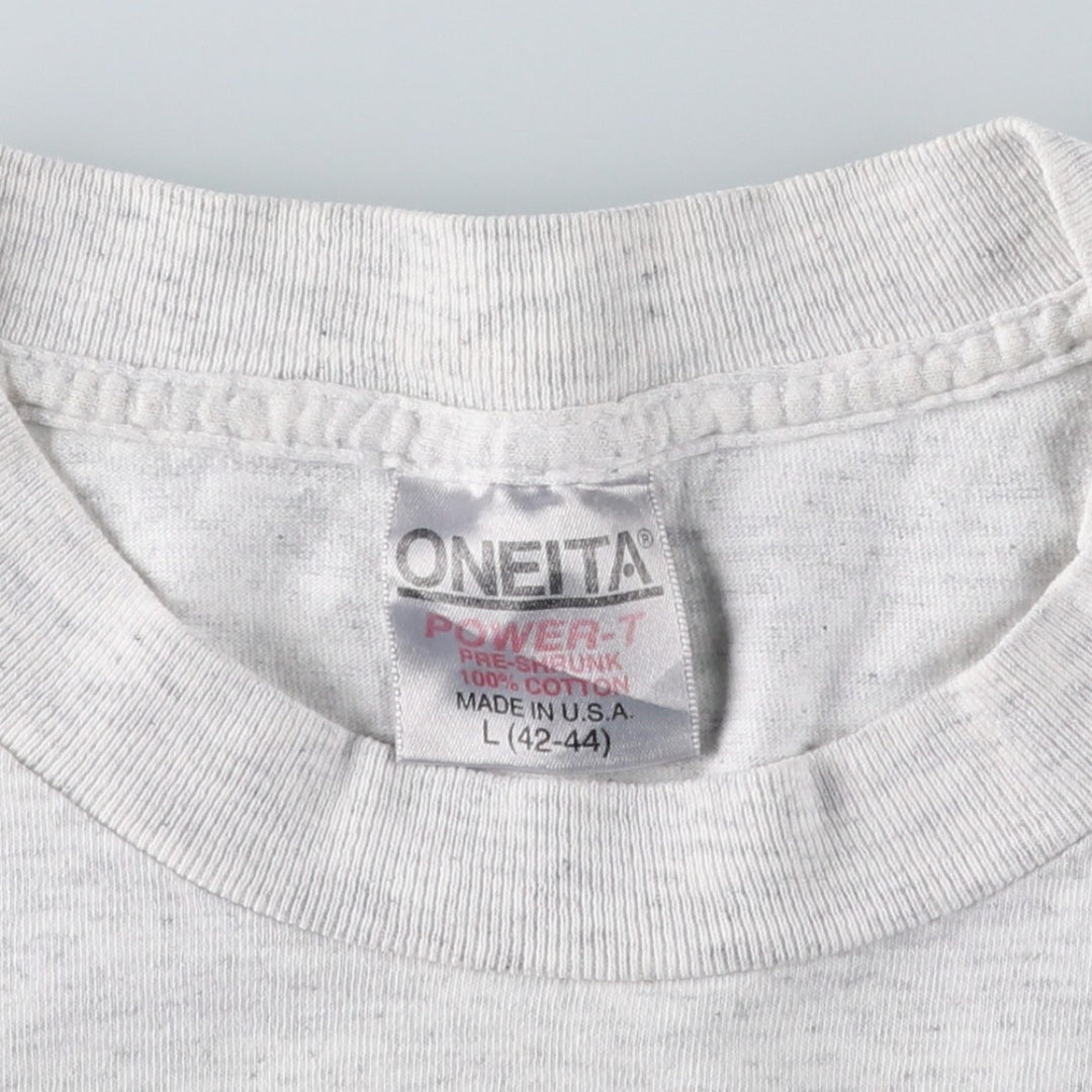 90'S ONEITA Printed T-shirt Made in USA Men's L size Vintage cotton gray type Vintage Second Hand