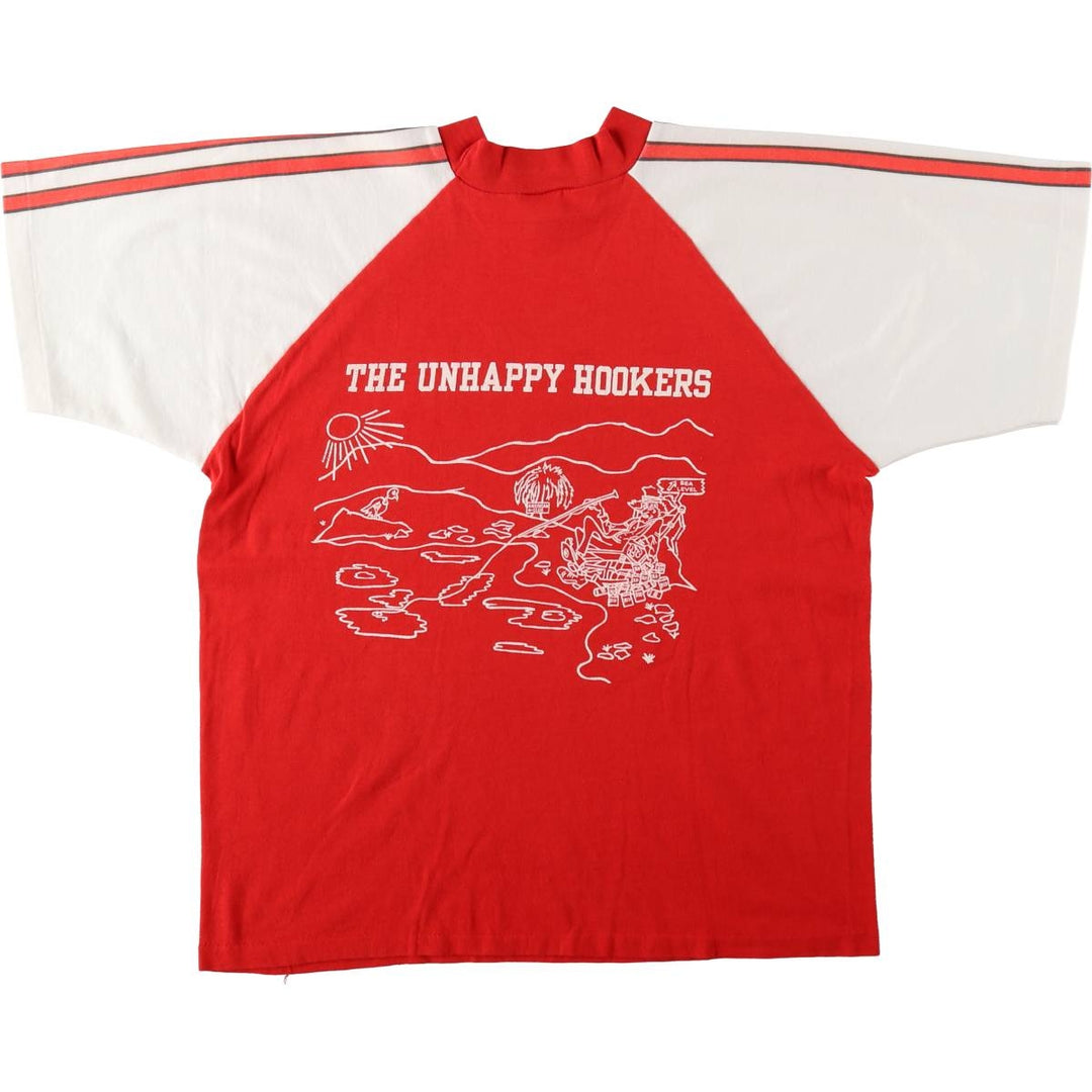 70s-80'S Velva Sheen DEAD SEA FISHING CLUB parody print T-shirt, Made in USA, Men's size L equivalent, Vintage polyester red type Vintage Second Hand