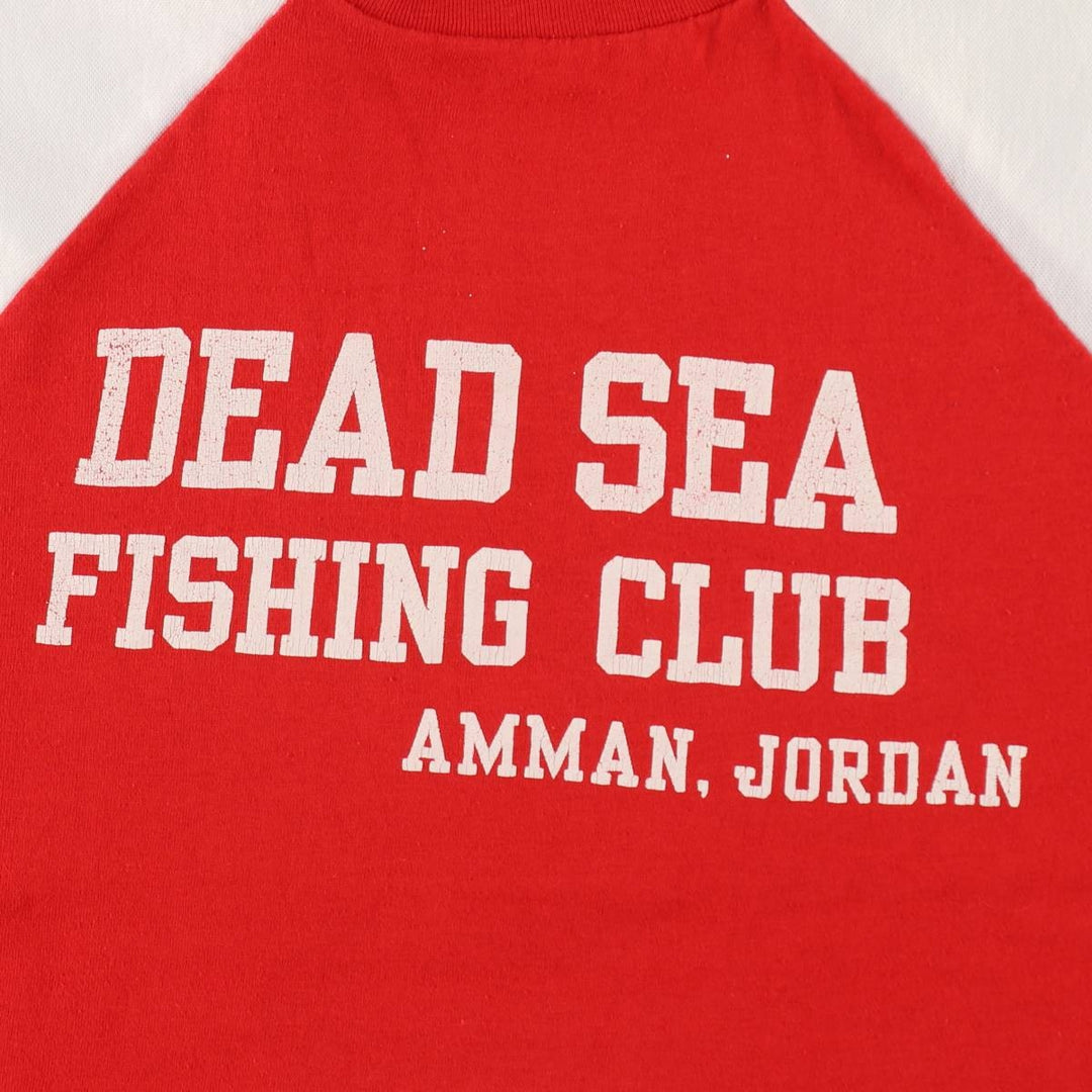 70s-80'S Velva Sheen DEAD SEA FISHING CLUB parody print T-shirt, Made in USA, Men's size L equivalent, Vintage polyester red type Vintage Second Hand