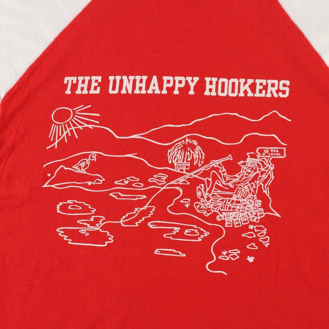 70s-80'S Velva Sheen DEAD SEA FISHING CLUB parody print T-shirt, Made in USA, Men's size L equivalent, Vintage polyester red type Vintage Second Hand