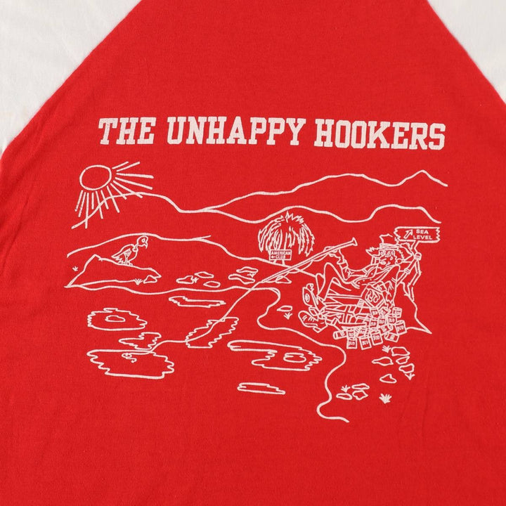 70s-80'S Velva Sheen DEAD SEA FISHING CLUB parody print T-shirt, Made in USA, Men's size L equivalent, Vintage polyester red type Vintage Second Hand