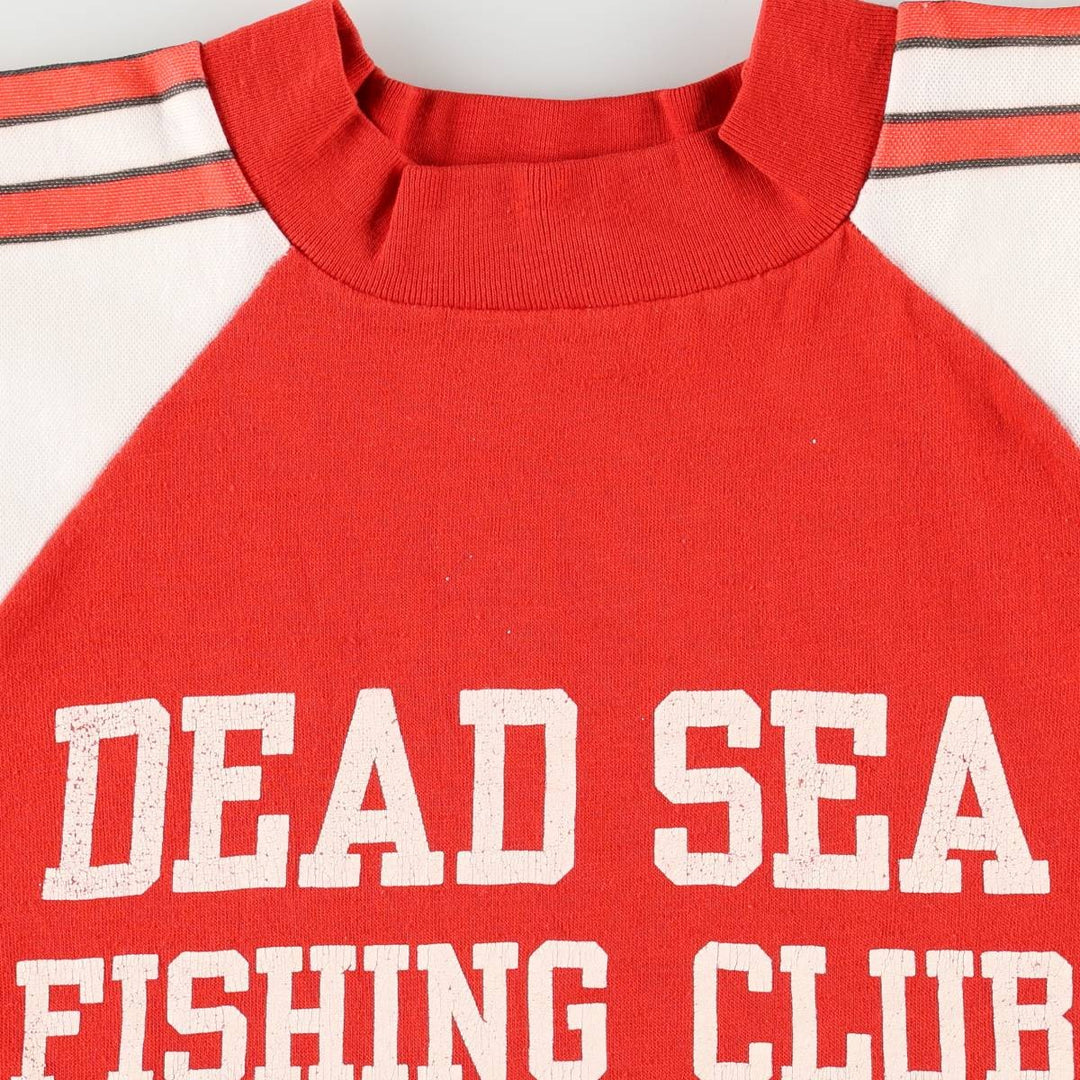 70s-80'S Velva Sheen DEAD SEA FISHING CLUB parody print T-shirt, Made in USA, Men's size L equivalent, Vintage polyester red type Vintage Second Hand