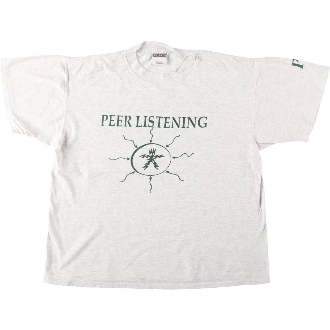 90'S ONEITA PEER LISTENING Print T-Shirt, Made in USA, Men's XL equivalent, Vintage cotton gray type Vintage Second Hand