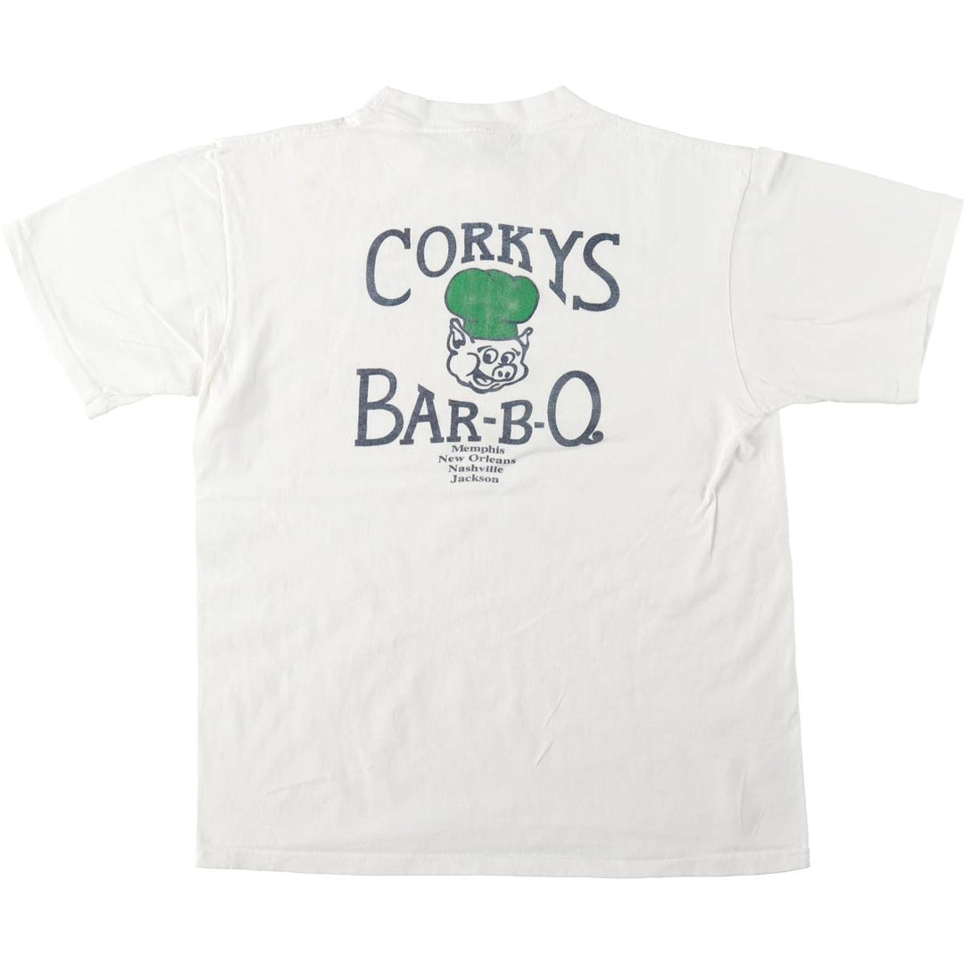 ~90'S CHES CORKY'S BAR-BQ Advertising T-Shirt, Made in USA, Men's Size L (Equivalent), Vintage cotton white type Vintage Second Hand