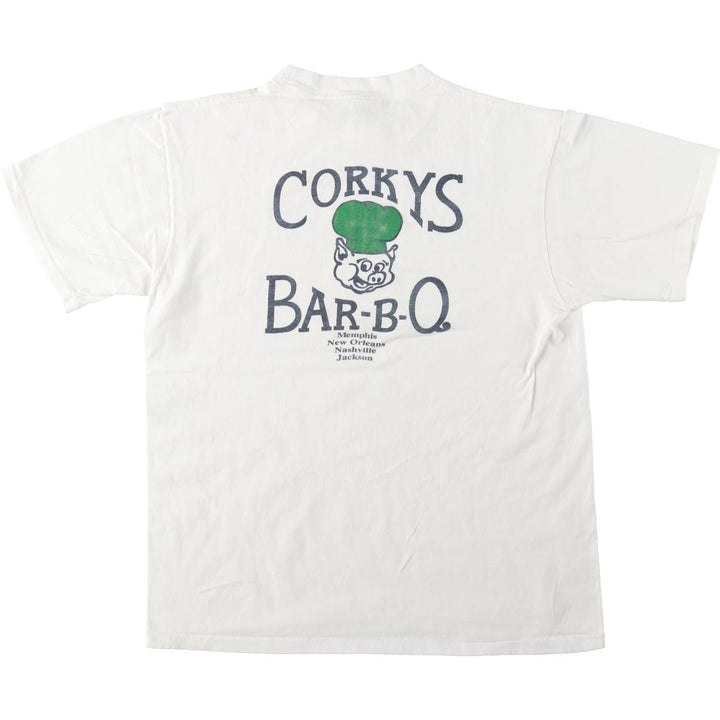 ~90'S CHES CORKY'S BAR-BQ Advertising T-Shirt, Made in USA, Men's Size L (Equivalent), Vintage cotton white type Vintage Second Hand