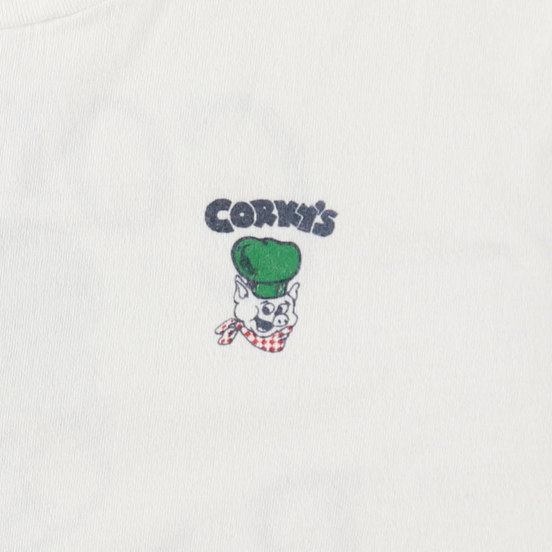 ~90'S CHES CORKY'S BAR-BQ Advertising T-Shirt, Made in USA, Men's Size L (Equivalent), Vintage cotton white type Vintage Second Hand