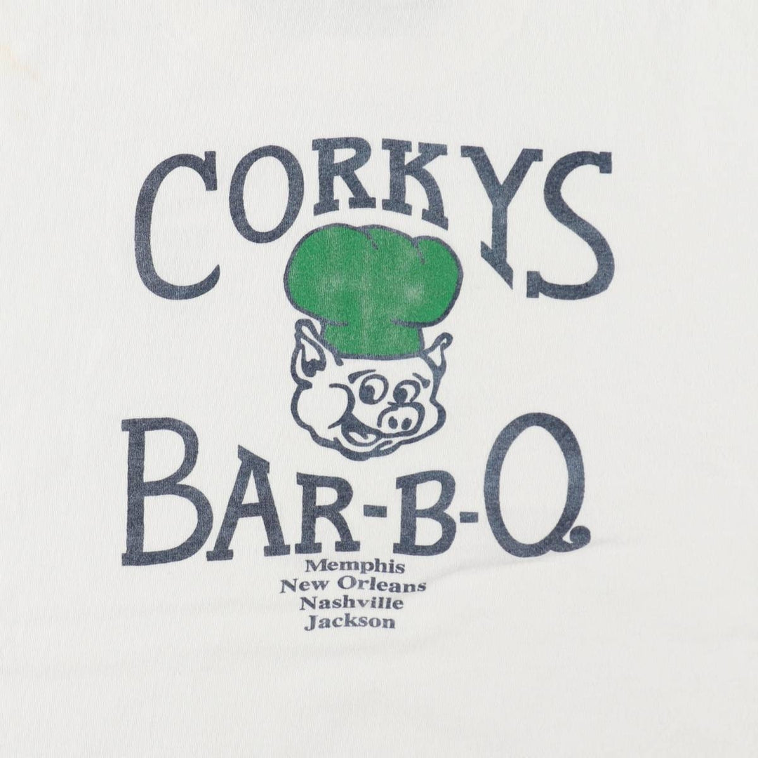~90'S CHES CORKY'S BAR-BQ Advertising T-Shirt, Made in USA, Men's Size L (Equivalent), Vintage cotton white type Vintage Second Hand