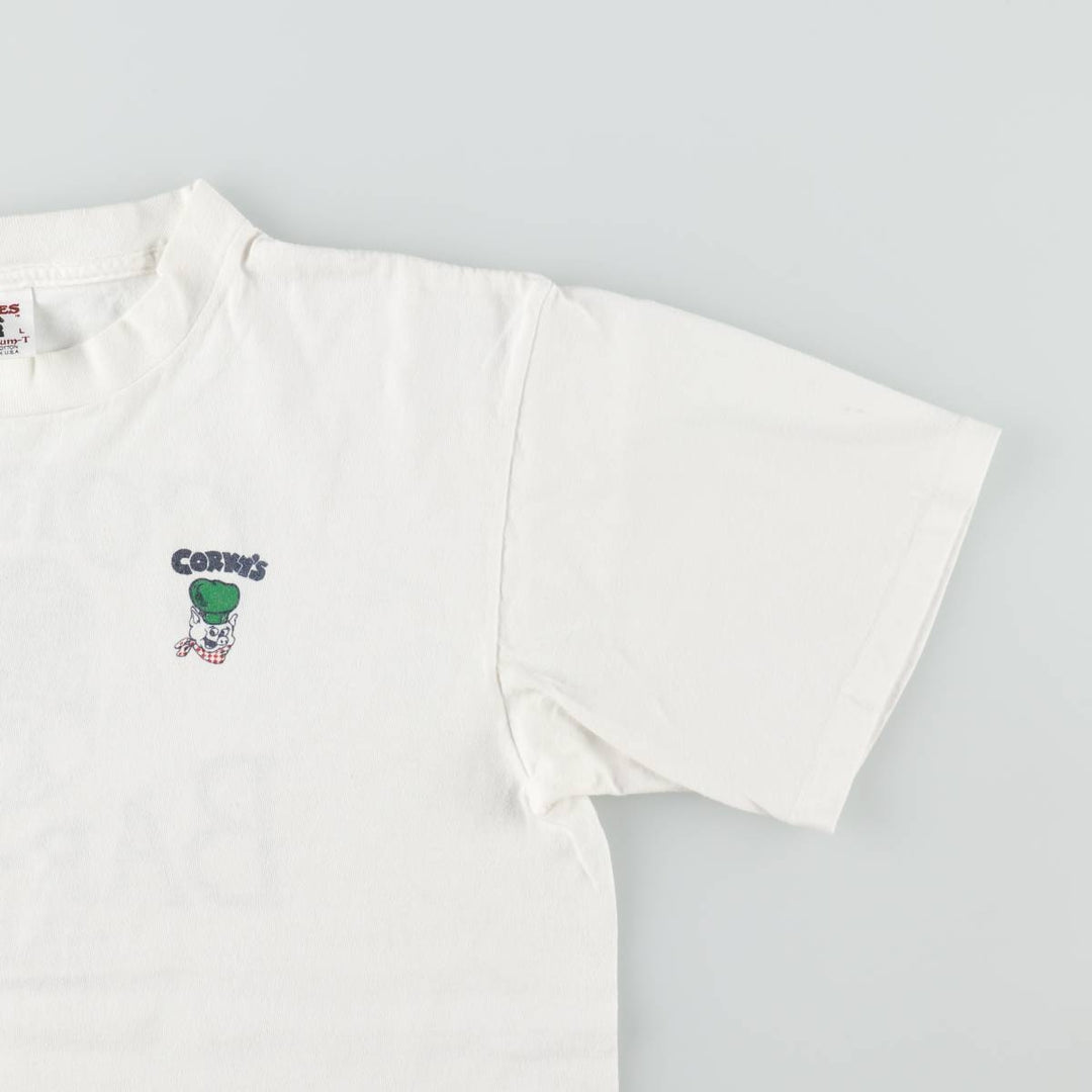 ~90'S CHES CORKY'S BAR-BQ Advertising T-Shirt, Made in USA, Men's Size L (Equivalent), Vintage cotton white type Vintage Second Hand