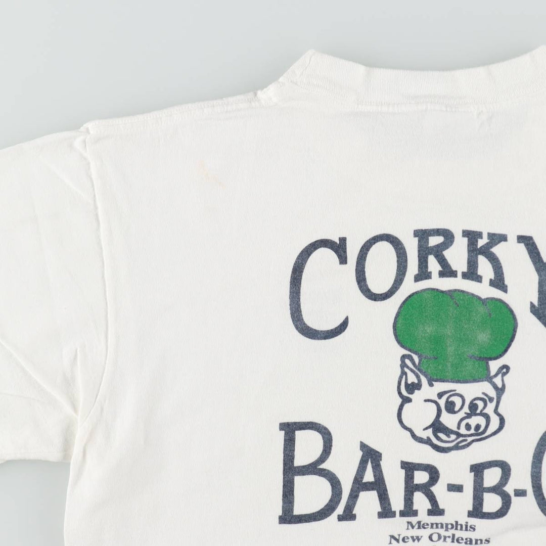 ~90'S CHES CORKY'S BAR-BQ Advertising T-Shirt, Made in USA, Men's Size L (Equivalent), Vintage cotton white type Vintage Second Hand